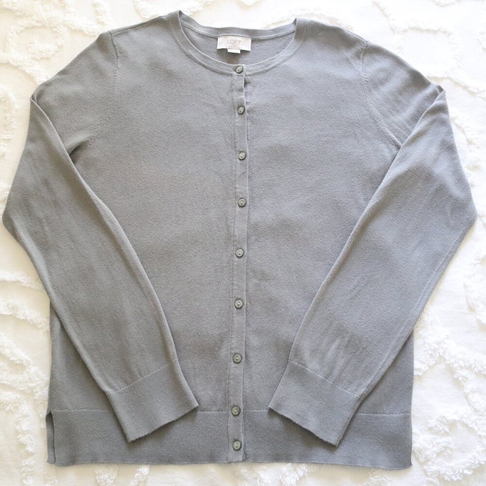 Loft | Soft Sage Green Grey Lightweight Button Front Crewneck Cardigan Sweater - Picture 11 of 13